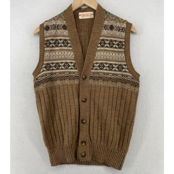 FOUR SEASON Sweater Mens M Jumper Grandpa Fair Isle Button Front Brown England